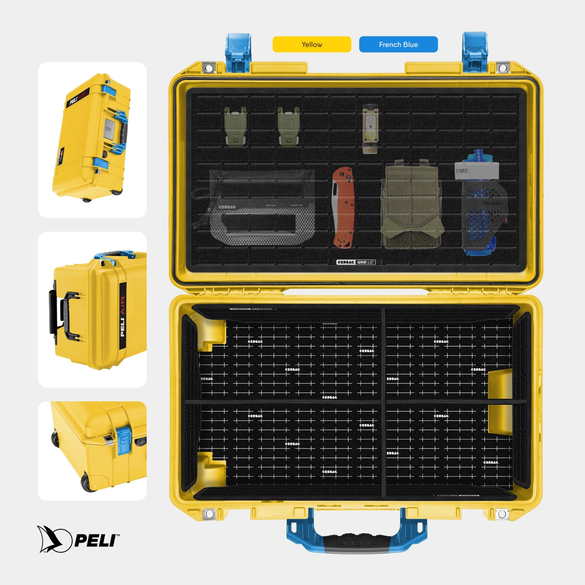 Peli 1535 Air case Yellow with CRDBAG MOLLE Panel GRID-LID organizer and GRID-DIVIDE divider system