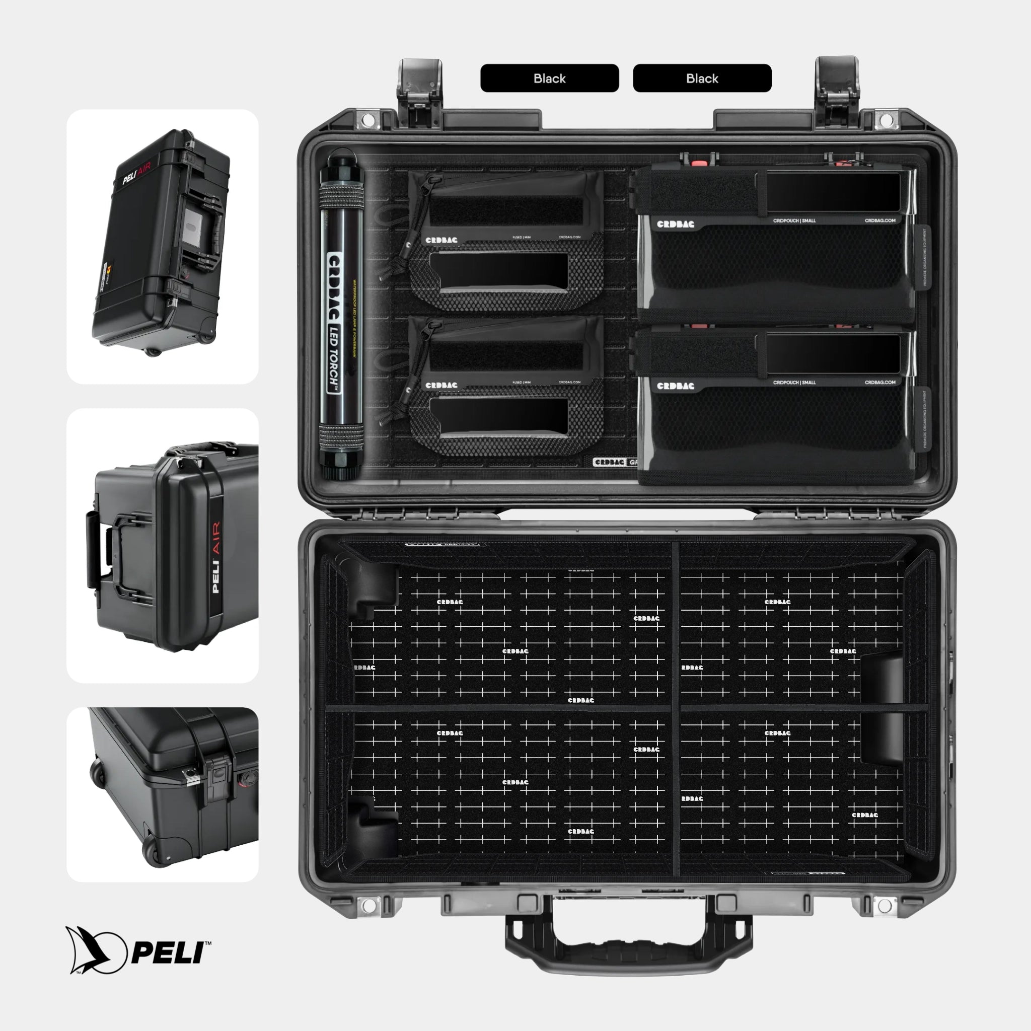 Peli 1535 Air case Black with CRDBAG MOLLE Panel GRID-LID organizer and GRID-DIVIDE divider system