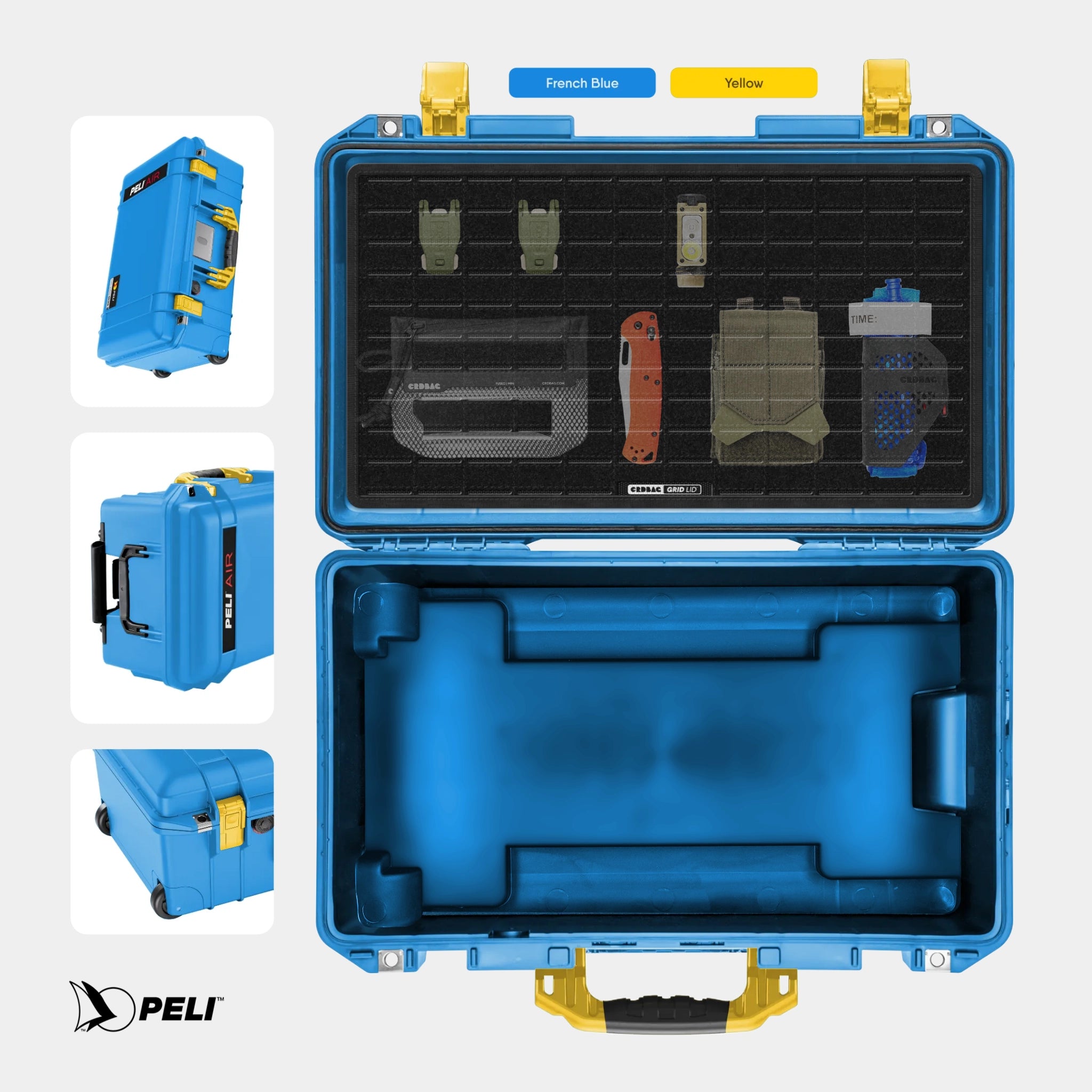 Peli 1535 Air case French Blue with CRDBAG MOLLE Panel GRID-LID organizer and GRID-DIVIDE divider system