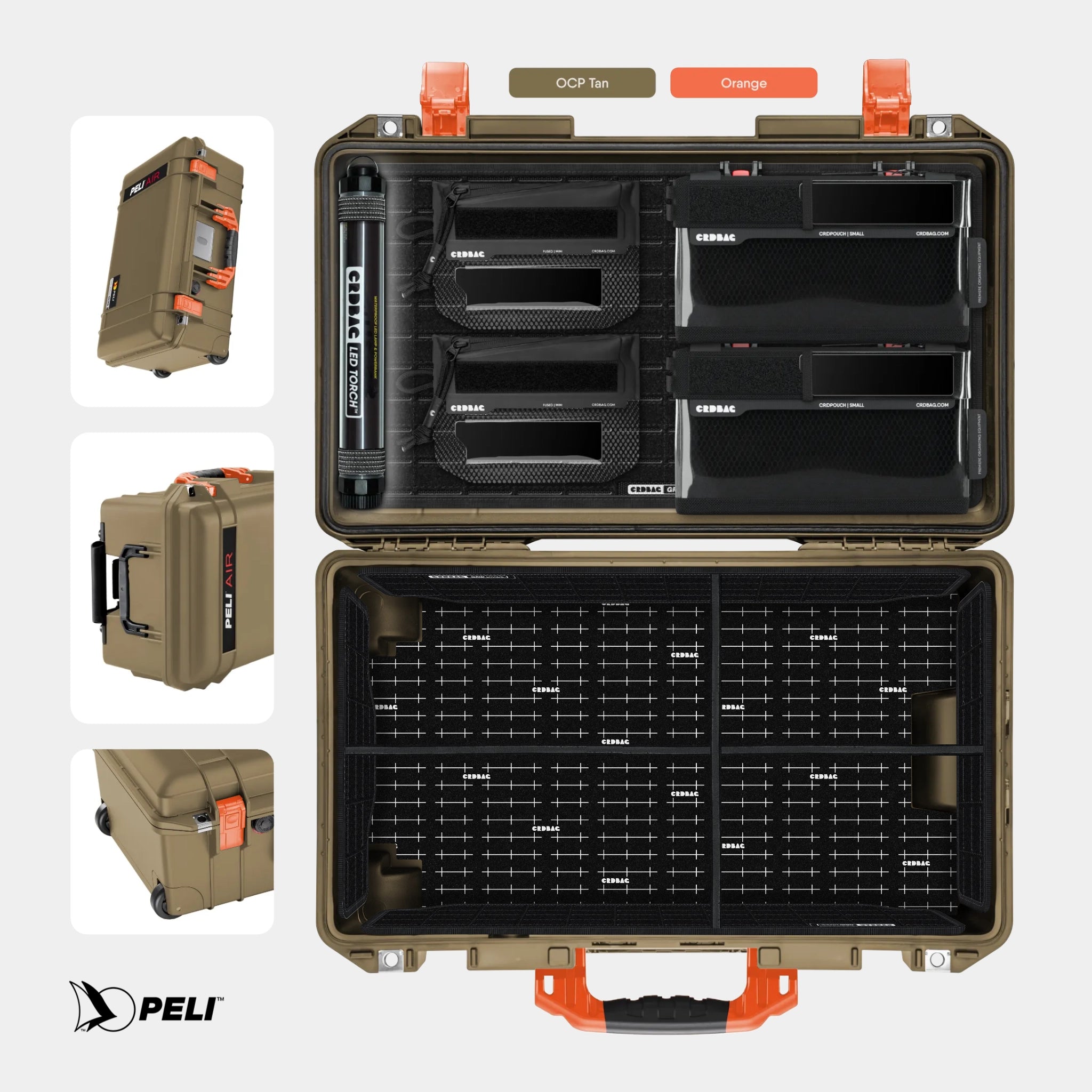 Peli 1535 Air OCP Tan Orange case with CRDBAG MOLLE Panel GRID-LID organizer and GRID-DIVIDE divider system