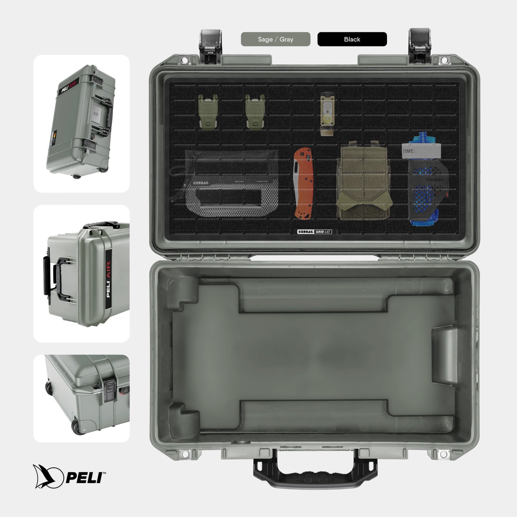 Peli 1535 Air case Sage Gray with CRDBAG MOLLE Panel GRID-LID organizer 